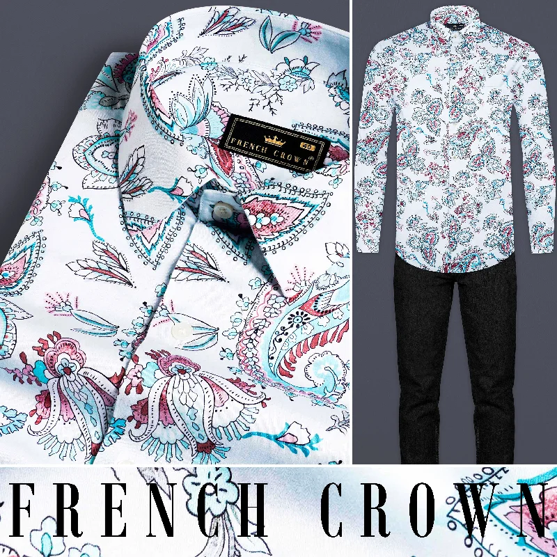 Bright White and Tiffany Blue Leaves Printed Subtle Sheen Super Soft Premium Cotton Shirt