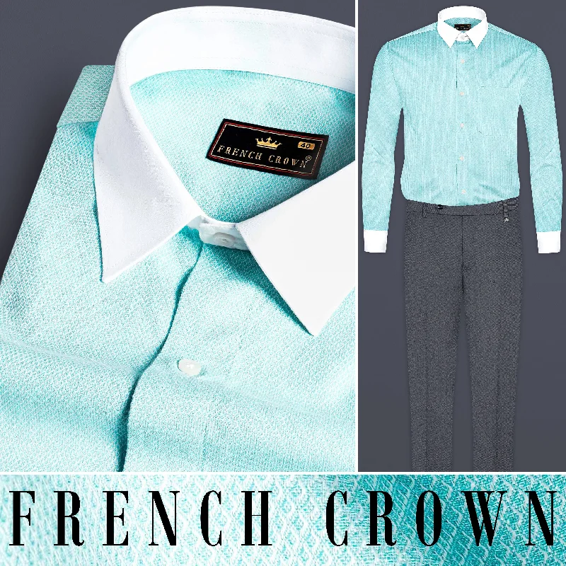 Tiffany Blue with White Cuffs and Collar Dobby Textured Premium Giza Cotton Shirt