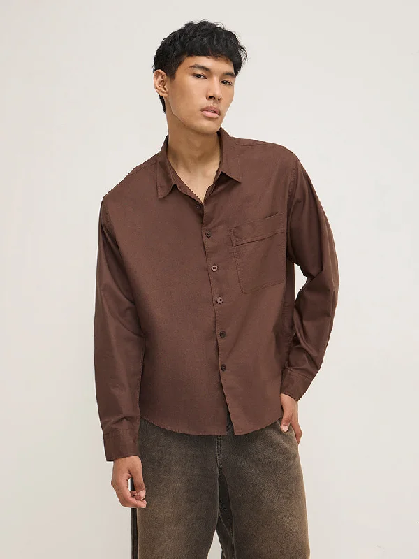 Nuon Brown Solid Relaxed-Fit Cotton Shirt