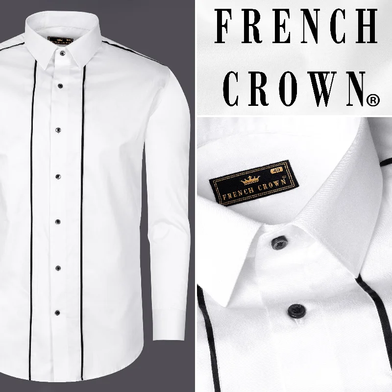 Bright White with Black Subtle Sheen Piping Patterned Premium Cotton Shirt