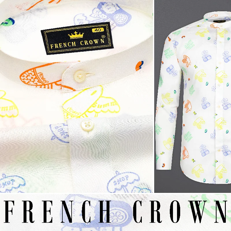 Bright White Multicolour Quirky Printed Premium Cotton Shirt