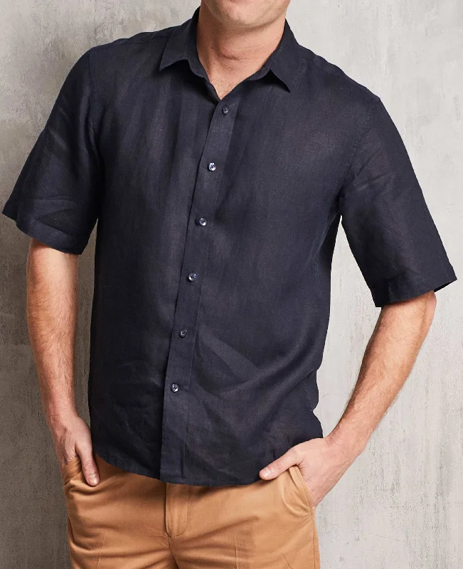 Navy Short Sleeve Pure Linen Slim Fit Shirt in Shorter Length