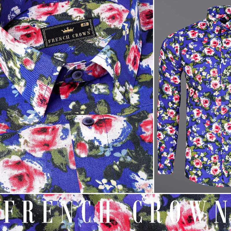 Medium Slate Blue Floral Printed Premium Cotton Shirt