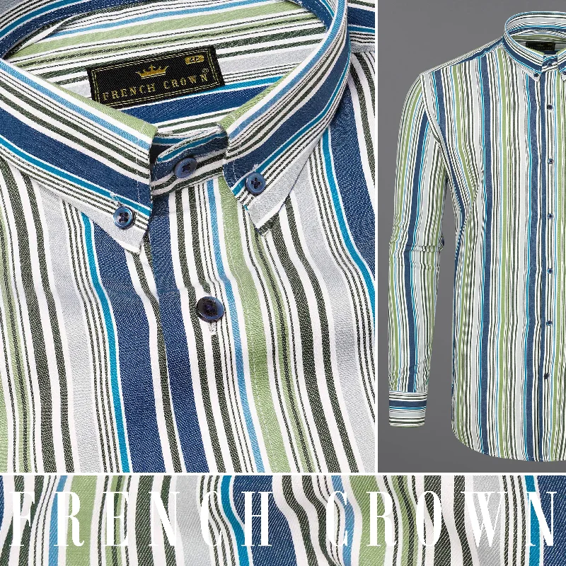 Greyish Green and Geyser Grey Striped Twill Textured Premium Cotton Shirt