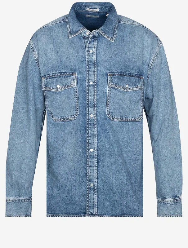 Oversized Denim Shirt Light Blue Worn In