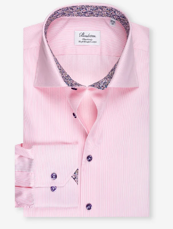 Striped Floral Inlay Fitted Shirt Pink