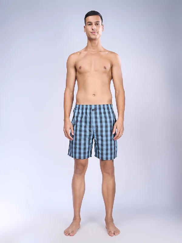 Men Blue with Black Checks Woven Boxer Long