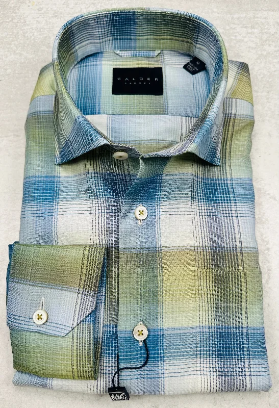 Calder Carmel Luxury Melange Twill Check Sport Shirt in Celery