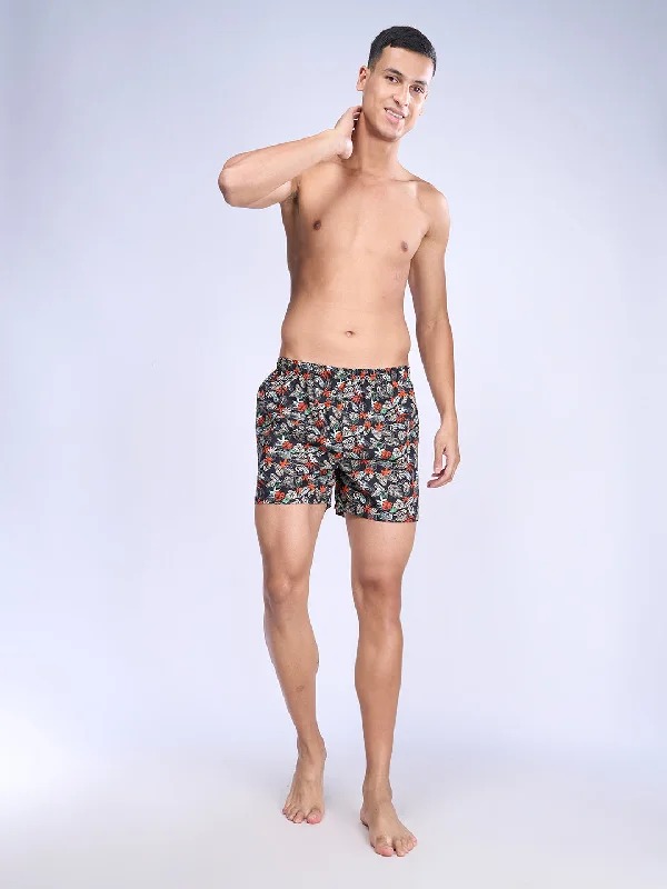 Men Woven Inner Boxer Shorts Black Leaf Print