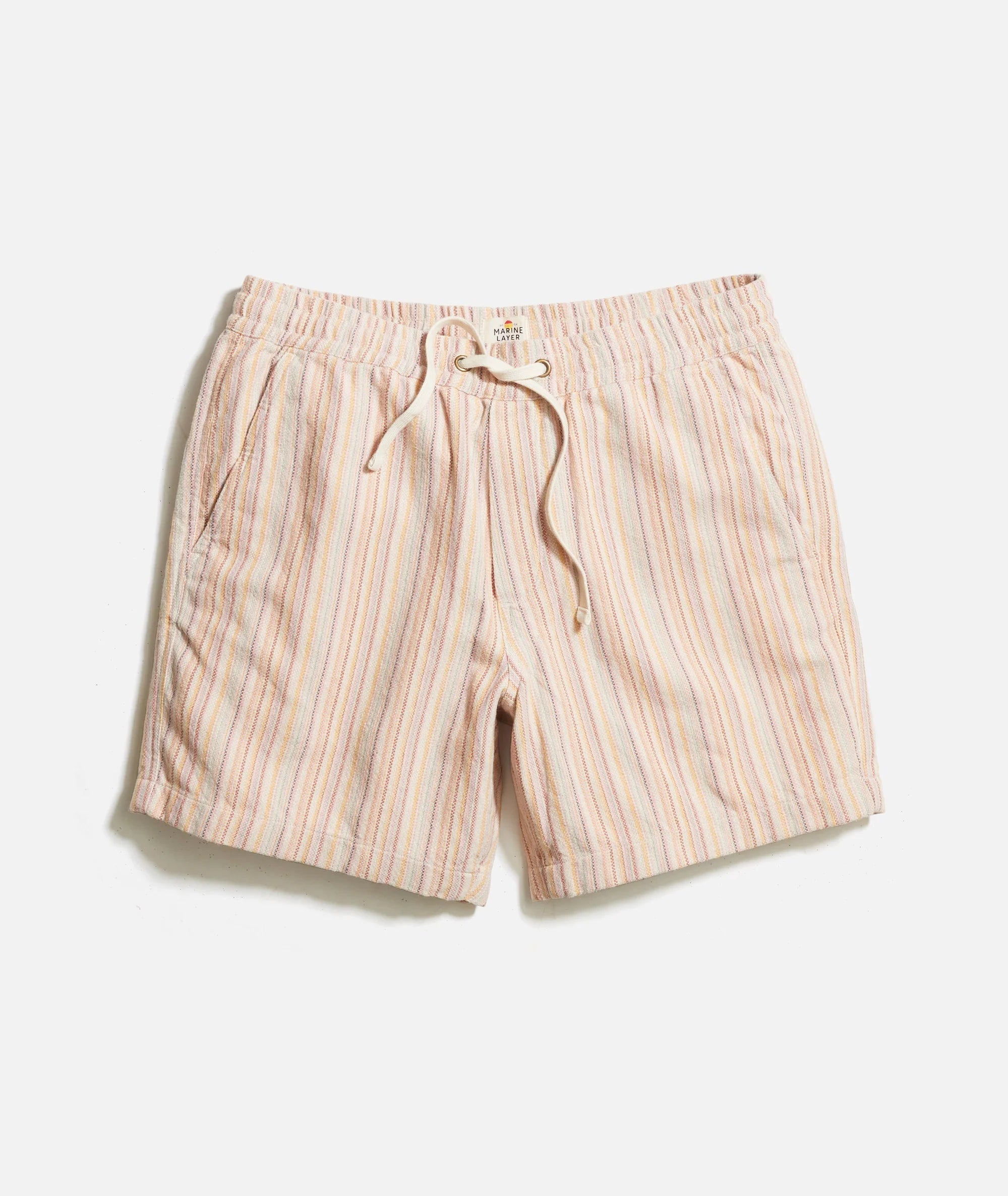 MARINE LAYER 6" SATURDAY TEXTURED BEACH SHORT IN WARM MULTI STRIPE