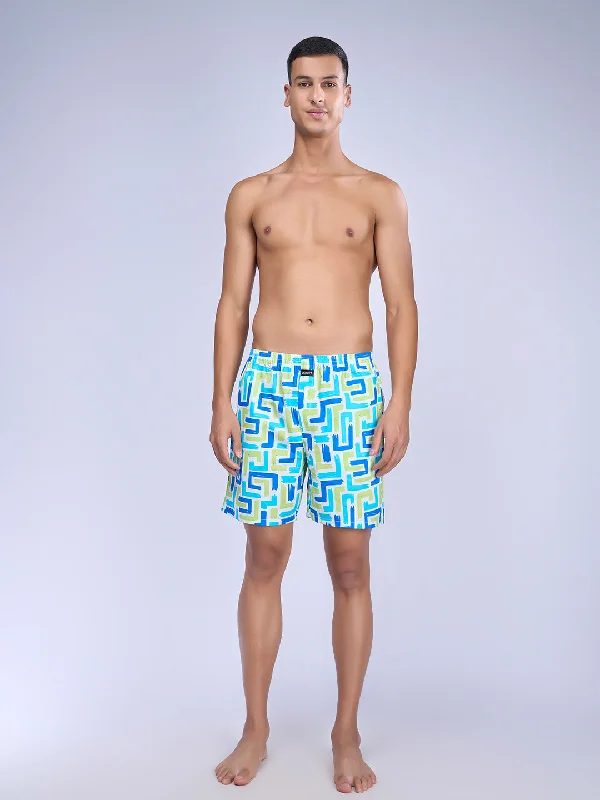 Men White Print Woven Boxer Long