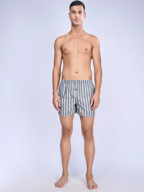 Men Woven Inner Boxer Grey Big Stripe Shorts