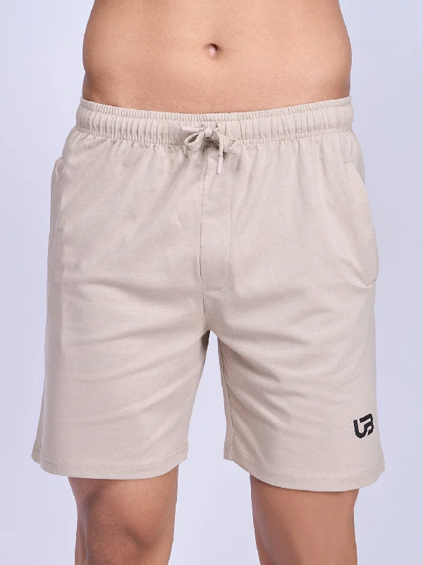 Men Beige Combed Cotton With Side Zipper Shorts