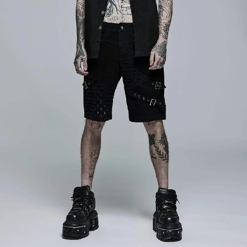 Men's Punk Ripped Buckle Splice Shorts