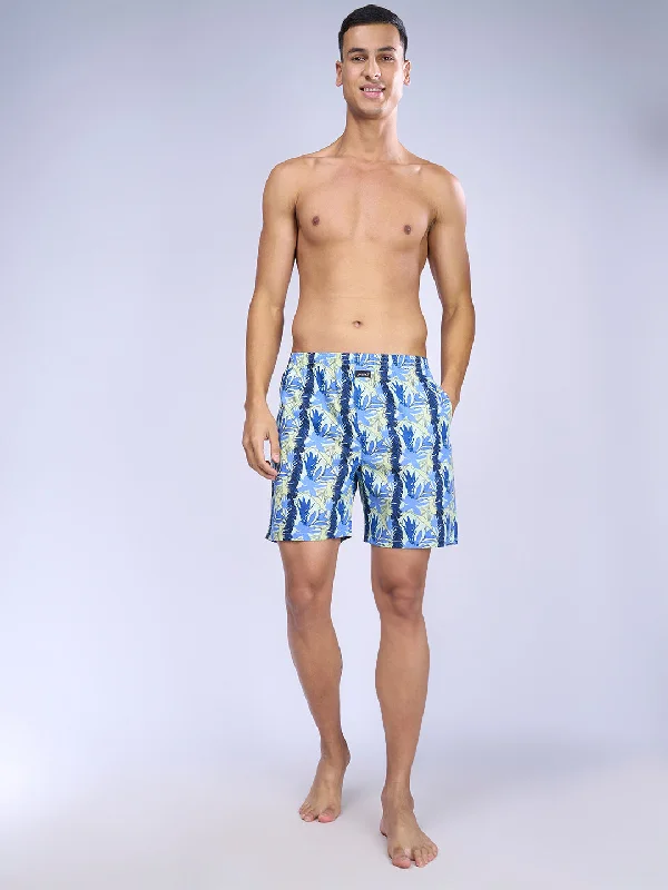 Men Blue Leaf Woven Boxer Long