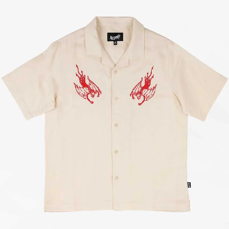 Welcome Hellion Embroidered Linen Short Sleeve Button Up Shirt