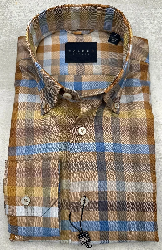 Calder Carmel Luxury Melange Twill Check Sport Shirt in Olive