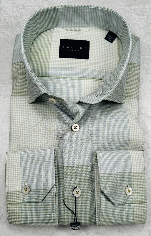 Calder Carmel Luxury Melange Poplin Check Sport Shirt in Olive